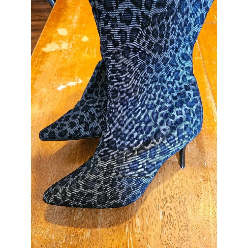 Leopard Print Grey Blue Denim Over the Knee Heeled Boots Size 9.5 Ashro